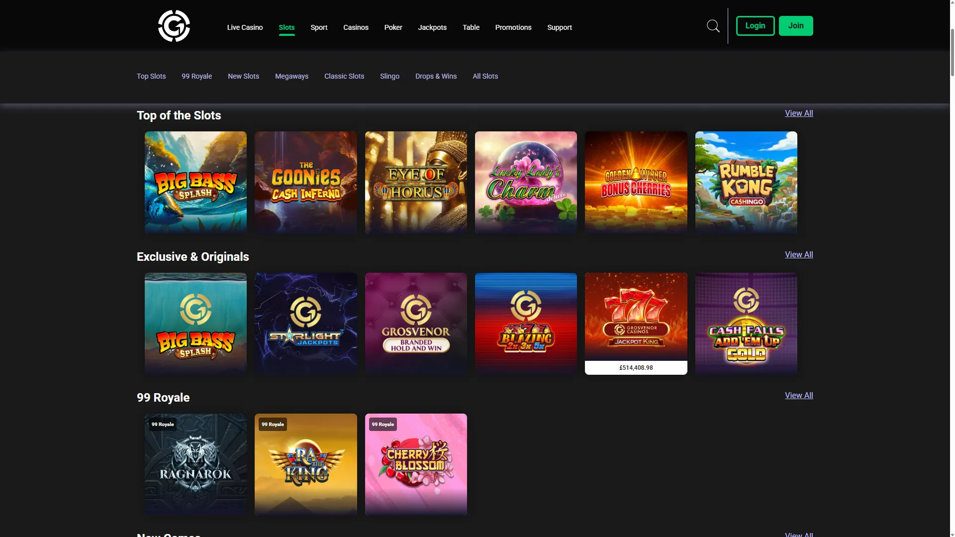 Grosvenor Casinos slots lobby, with the Slots tab selected and rows of slot games.