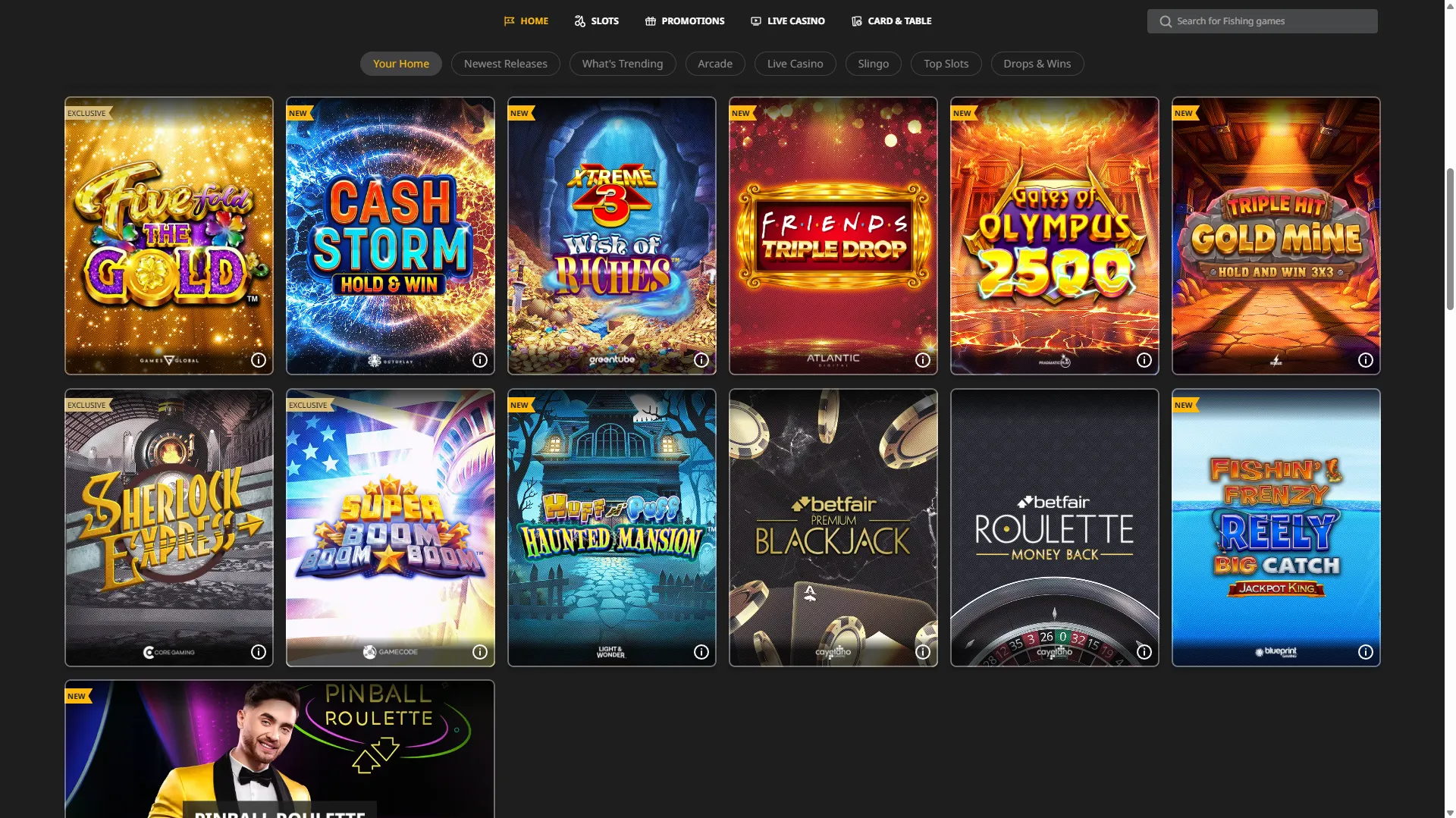 Betfair Casino lobby with a grid of slot, blackjack and roulette game tiles
