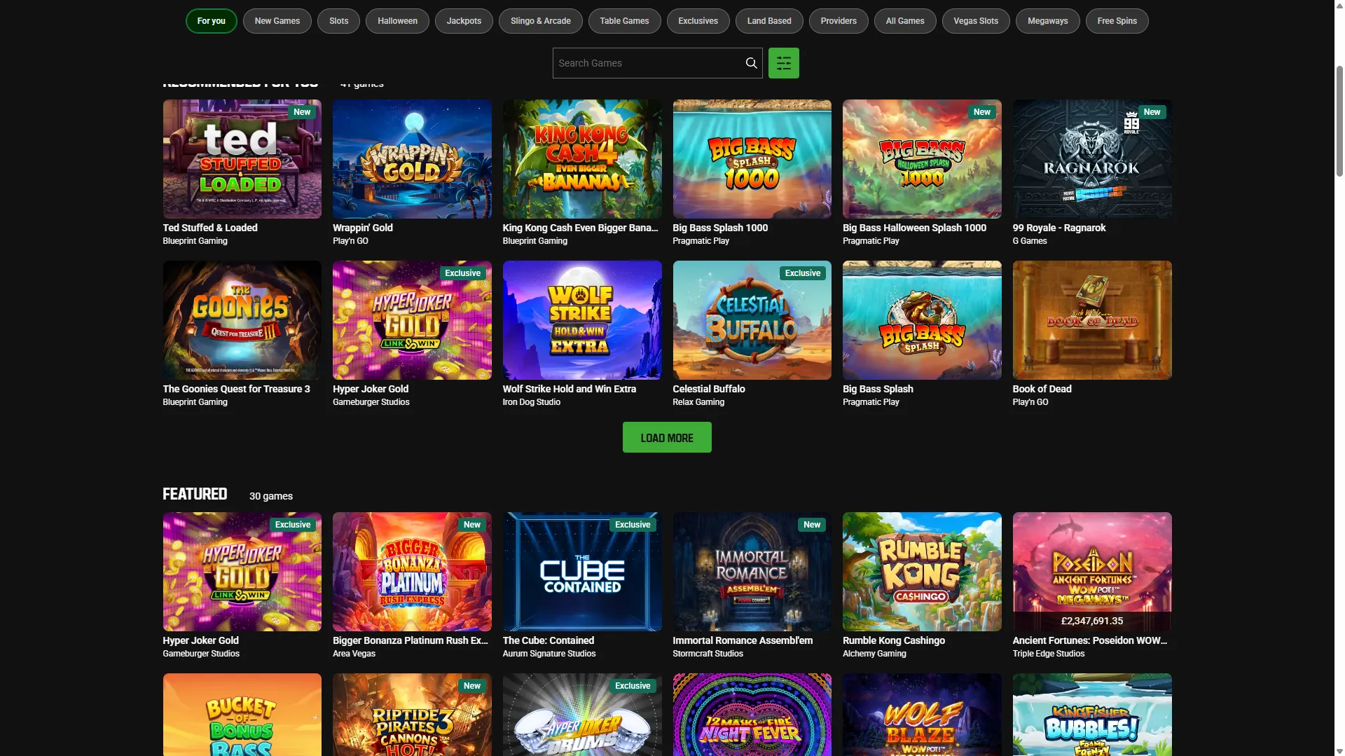 Unibet casino lobby with a grid of slot game tiles