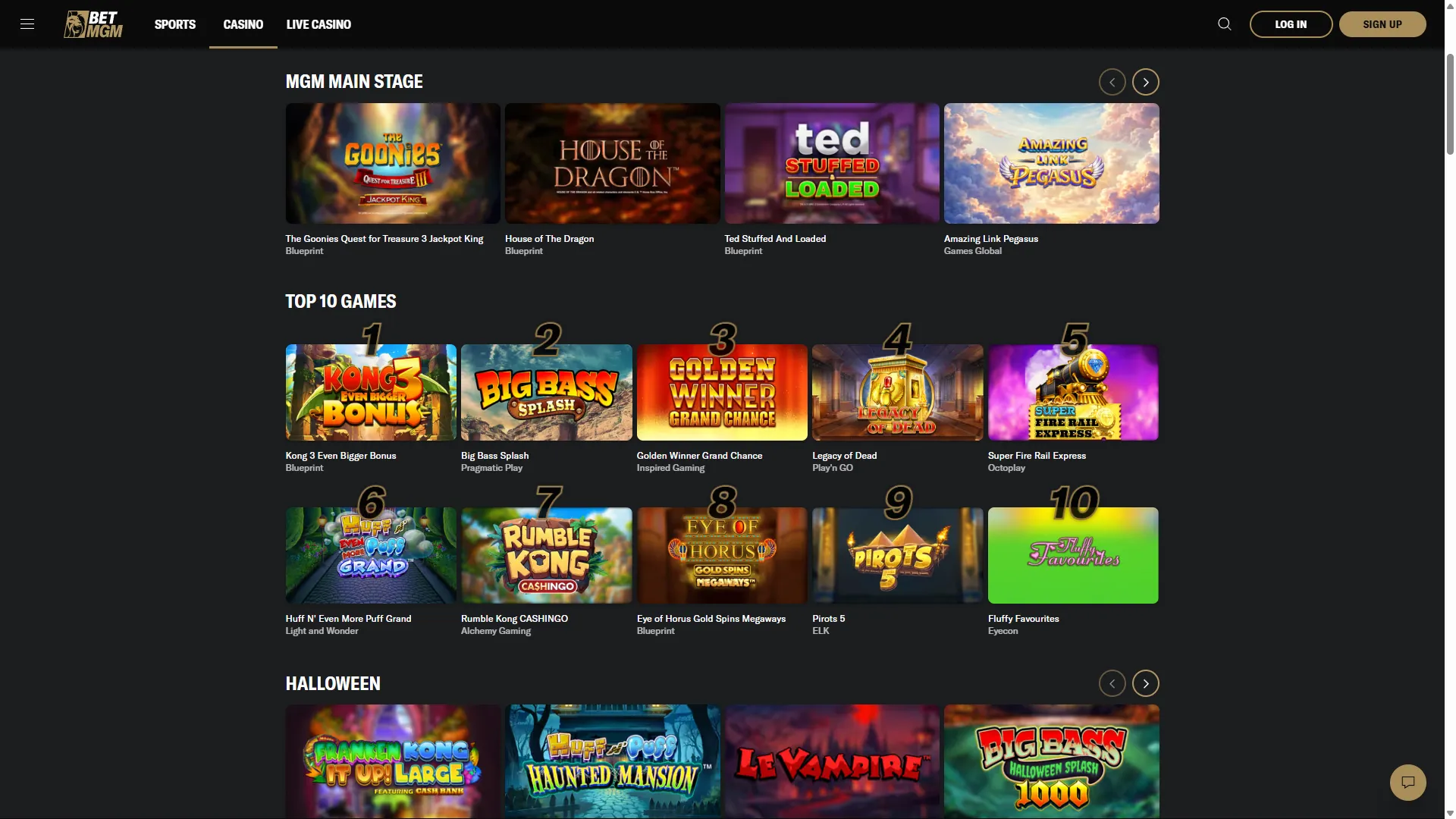 BetMGM UK casino lobby with slot tiles under MGM Main Stage and Top 10 Games