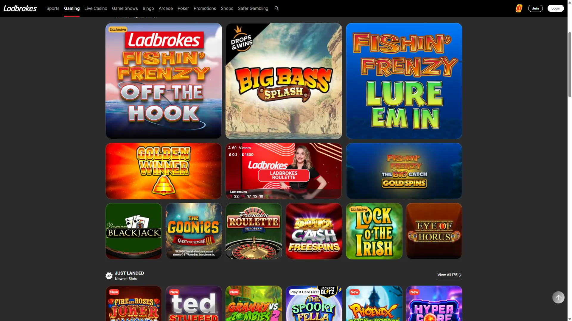 Ladbrokes casino lobby with the Gaming game grid