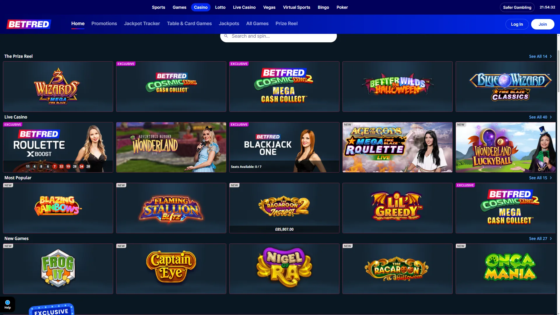 Betfred casino lobby with the category bar and a grid of slot and live-casino tiles, including 3 Wizards, Cosmic Spins, Betfred Roulette and Age of the Gods Roulette Live.